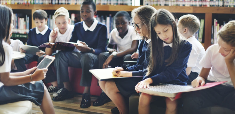 School children in the library